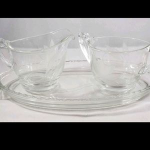 Antique etched glass cream and sugar set.